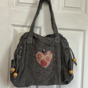 Womens Shoulder Bag Medium Wooden Beads Grey Pink Zipper Pockets ❤️ Front NWOT